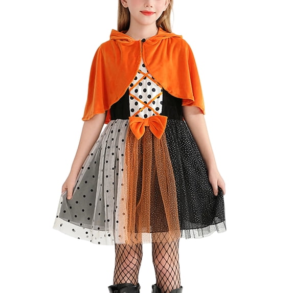 Girls Halloween Costume Dress with Hooded Cape, Vintage Polka Print