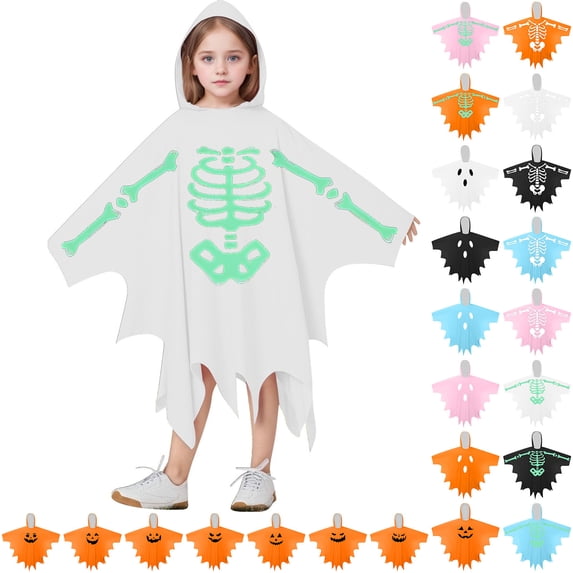 Girls Halloween Unisex Skeleton Hooded Cloak Halloween Party Outfit for Kids 4-12 Years