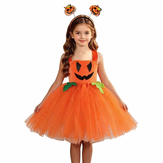 Girls Halloween Dress, Enchanting Halloween Pumpkin Swing Dress With Headband for Girls Festive Party Wear Ready Petticoat Skater Style Toddler Kids Holiday Birthday, Halloween Gifts