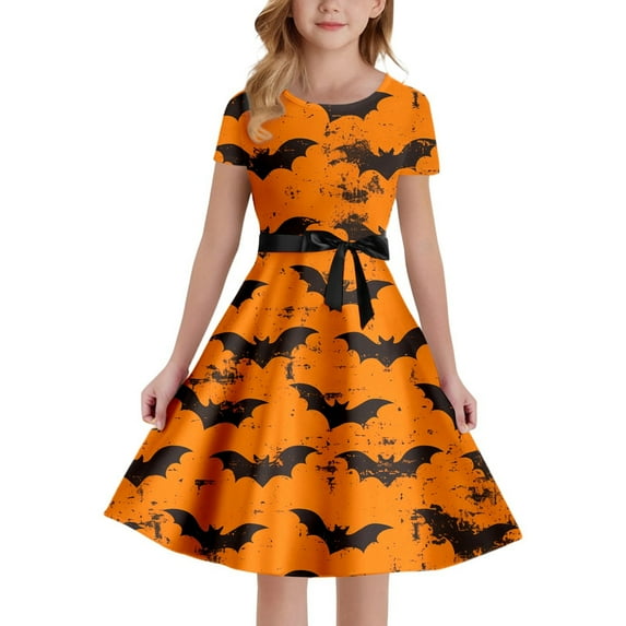 Girls Halloween Dress Short Sleeve Tiered Swing A-Line Pumpkin Ghost Printed Dresses For Girls Fancy Dresses Cute Girl Clothes 11-12 Years