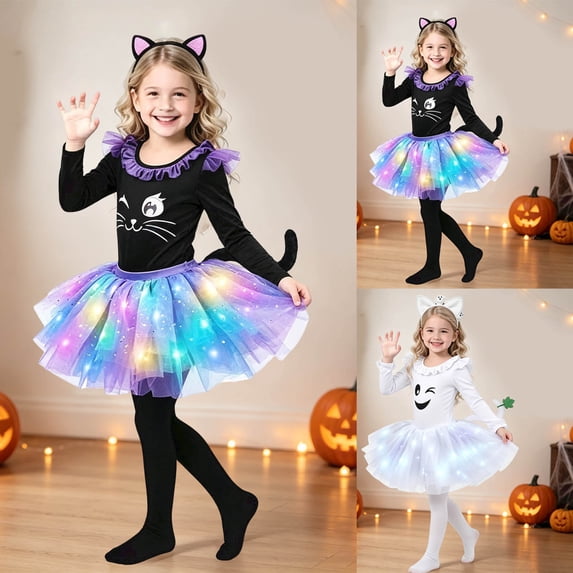 Girls Halloween Dress Up Play Set Light Up Tulle Tutu Skirt Long Sleeve Bodysuit with Headband Tail and Socks for Theme Party