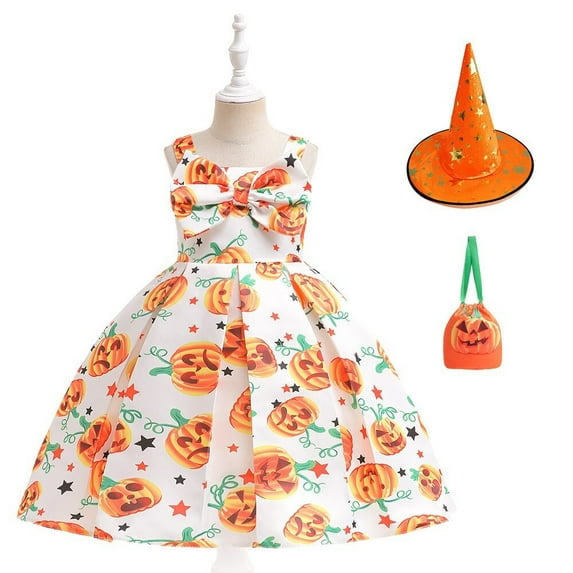 Girls Halloween Dress W/Bag Witch Hat 3PCS Kids Costume Dress Pumpkin Ghost Cosplay Party Outfits