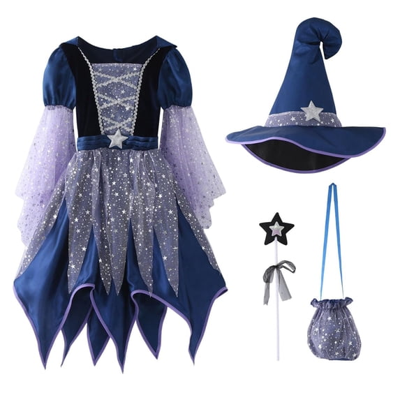 Girls Halloween Dress up, 4 Piece Girls Witch Halloween Set with Hat, Fairy Wand and Candy Bag, Kids Halloween Cosplay Outfit for Masquerade Ball Stage Performance Halloween Party Dress‑Up
