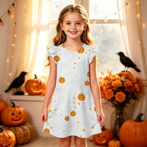 Girls Halloween Dresses with Ghost and Pumpkin Print Short Sleeve Crew Neck Cute A-Line Swing Dress for Party and Dress Up 8-9 Years