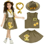 Girls Halloween Explorer Costume Kit, 4 Pieces Safari Vest Skirt Hat Neckerchief Suit for Role Playing, Outdoor Exploration Outfit for Kids Khaki 4-6 Years