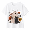 thumbnail image 1 of Girls' Halloween Ghost Cat Floral Graphic T-Shirt, Cute Autumn 100% Cotton Short Sleeve Shirt, 1 of 7