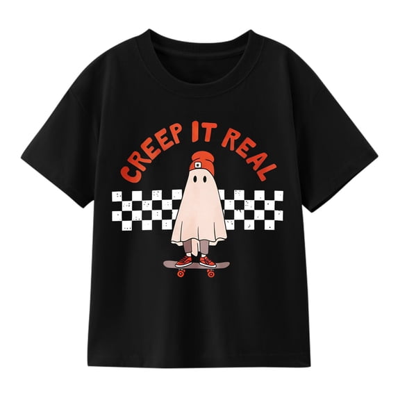 Girls' Halloween Ghost Skateboard Graphic T-Shirt, Creep It Real 100% Cotton Short Sleeve Shirt