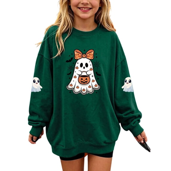 Girls Halloween Ghost Sweatshirt Crewneck Loose Fit Cute Long Sleeve Kids Graphic Tops Green 3 T