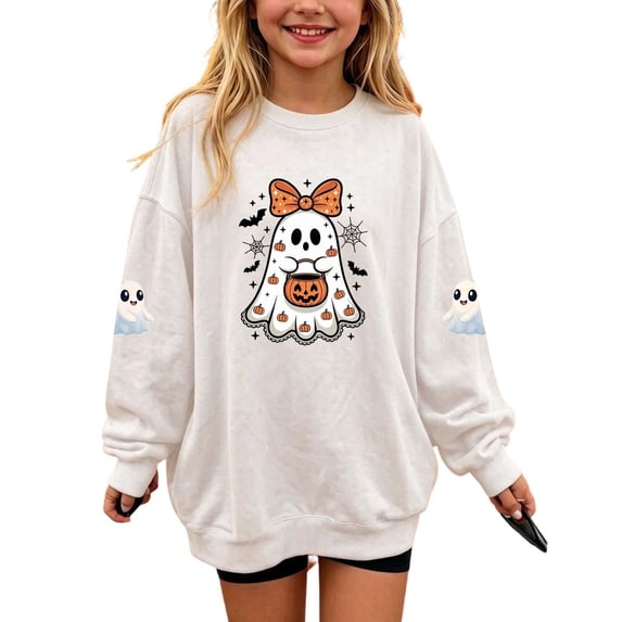 Girls Halloween Ghost Sweatshirt Crewneck Loose Fit Cute Long Sleeve Kids Graphic Tops White 3 T