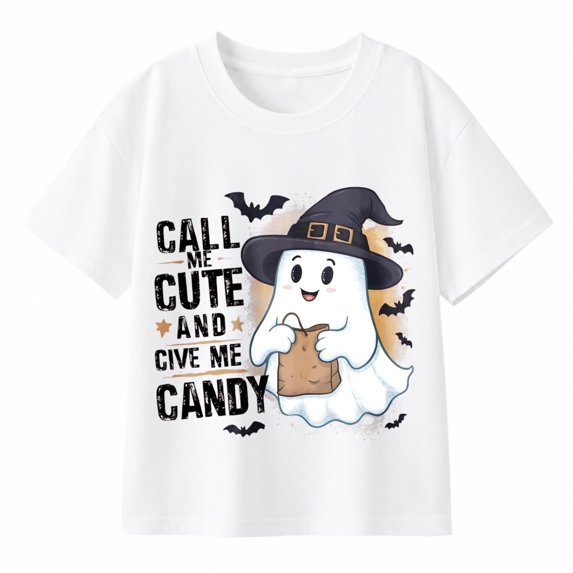 Girls' Halloween Ghost Witch Hat Graphic T-Shirt, Call Me Cute Candy 100% Cotton Short Sleeve Shirt