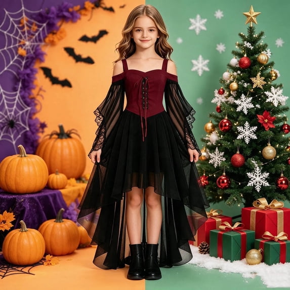 Girls' Halloween Gothic Off-Shoulder Lace Sleeve Party Dress, off-shoulder cut, lace mesh long sleeves, irregular high-low hem, Suitable For Halloween Parties, Themed Costume Events Red 7-8 Years