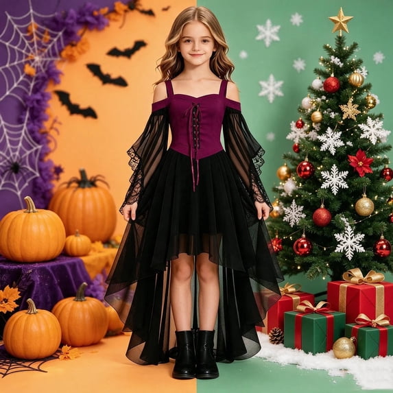Girls' Halloween Gothic Off-Shoulder Lace Sleeve Party Dress, off-shoulder cut, lace mesh long sleeves, irregular high-low hem, Suitable For Halloween Parties, Themed Costume Events Hot Pink