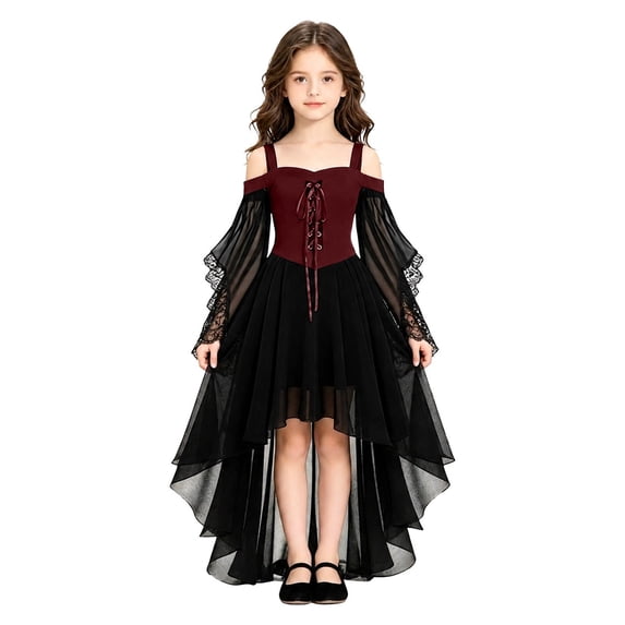 Girls Halloween Gothic Off‑Shoulder Tulle Dress, Long Lace Bell Sleeve High‑Low Hem Medieval Style Dress for Halloween Themed Party