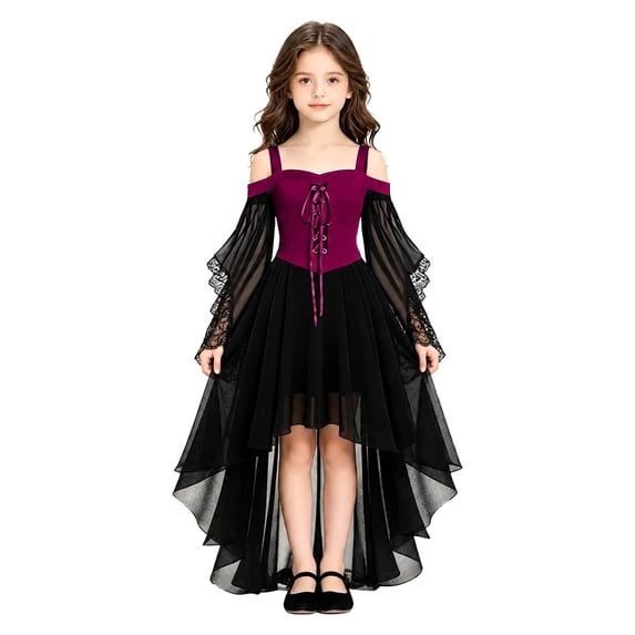 Girls Halloween Gothic Off‑Shoulder Tulle Dress, Long Lace Bell Sleeve High‑Low Hem Medieval Style Dress for Halloween Themed Party