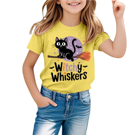 Girls Halloween Graphic Shirt Short Sleeve Tee Crewneck Cute Party Shirt for Toddler Youth