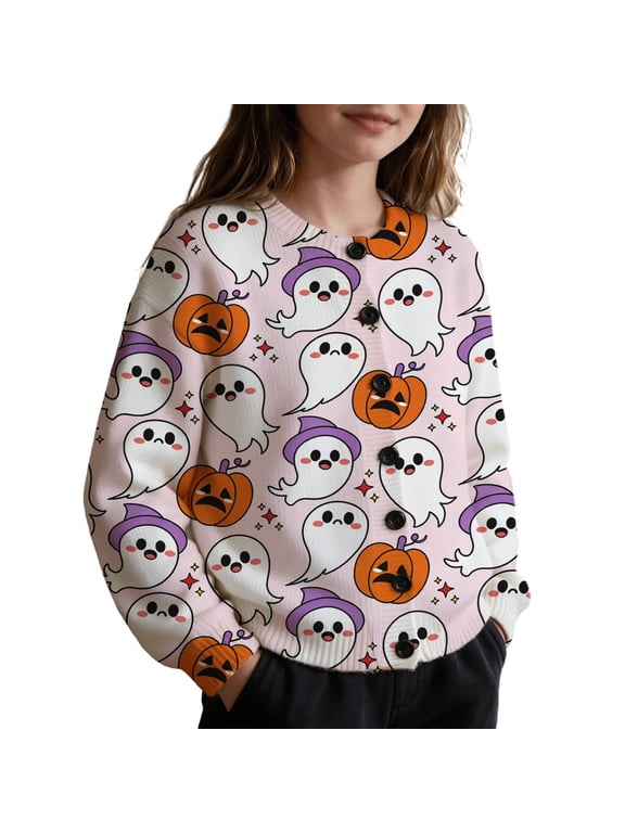 Girls Halloween Knit Cardigan Ghost Pumpkin Star Print Button Down Long Sleeve Sweater Jacket Cute Festival Party Outerwear for Kids Autumn Holiday Daily Casual Wear(Light Purple,7-8 Years)
