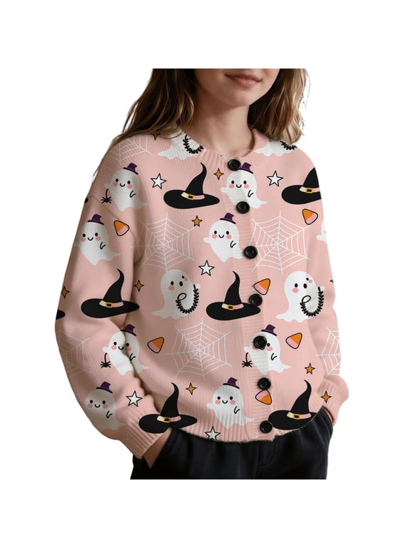 Girls Halloween Knit Cardigan Ghost Pumpkin Star Print Button Down Long Sleeve Sweater Jacket Cute Festival Party Outerwear for Kids Autumn Holiday Daily Casual Wear(Light Pink,7-8 Years)