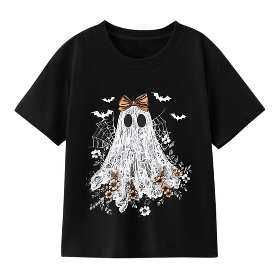 Girls' Halloween Lace Ghost Bow Graphic T-Shirt, Floral Bat 100% Cotton Short Sleeve Shirt
