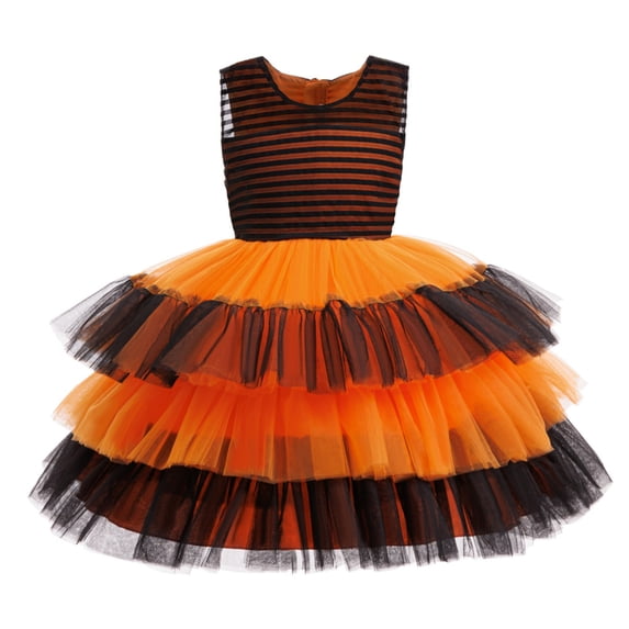 Auroural Girls Tulle Dresses Girls Halloween Layered Dress Black Orange Striped Sleeveless Witch Party Dress