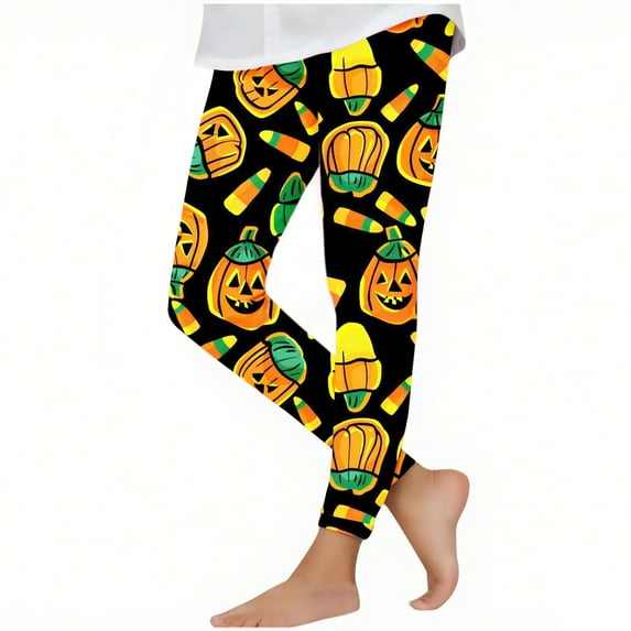 Girls Halloween Leggings Cute Pumpkin/Ghost/Bats Graphic Printed Soft Stretchy Jeggings Pants Holiday Outfits (7 Years, Style #I)