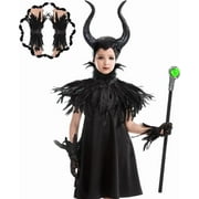 Girls Halloween Maleficent Costume, Gothic Black Suits with Horn, Scepter, Feather Cape Shawl, Feather Lace Gloves and Footcovers without Dress for Children Evil Witch Darkness Gown Cosplay Party