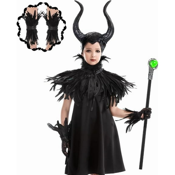 Girls Halloween Maleficent Costume, Gothic Black Suits with Horn, Scepter, Feather Cape Shawl, Feather Lace Gloves and Footcovers without Dress for Children Evil Witch Darkness Gown Cosplay Party