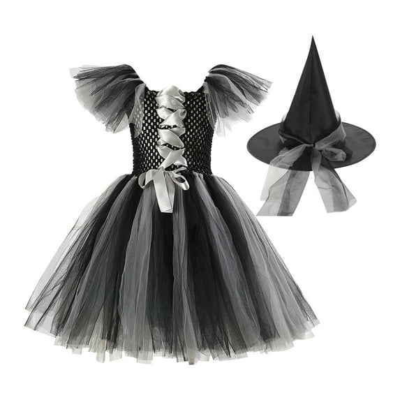 Girls Halloween Mesh Dress, Color Blocked Cosplay Costume Set Witch Party Tulles Dress with Hat for Kids Black 6-7Y
