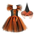 thumbnail image 1 of Girls Halloween Mesh Dress, Color Blocked Cosplay Costume Set Witch Party Tulles Dress with Hat for Kids Orange 4-5Y, 1 of 3