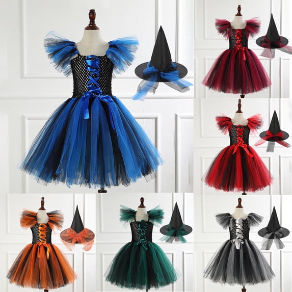 Girls Halloween Mesh Dress, Color Blocked Cosplay Costume Set Witch Party Tulles Dress with Hat for Kids Orange 4-5Y