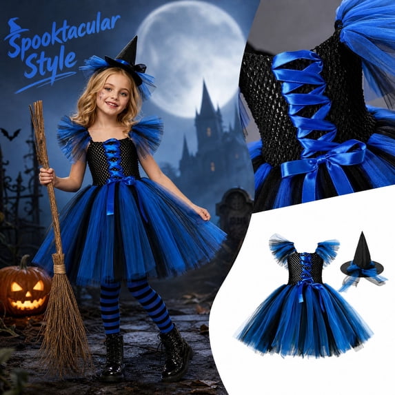 Girls Halloween Mesh Dress Costume Set With Matching Witch Hat, Two-Piece Outfit For Dance Recitals, Stage Performances, Dress-Up Parties, School Events And Themed Photo Sessions