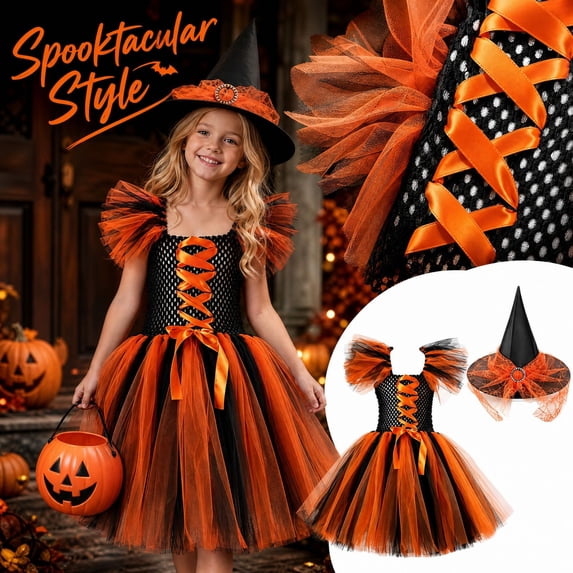Girls Halloween Mesh Dress Costume Set With Matching Witch Hat, Two-Piece Outfit For Dance Recitals, Stage Performances, Dress-Up Parties, School Events And Themed Photo Sessions
