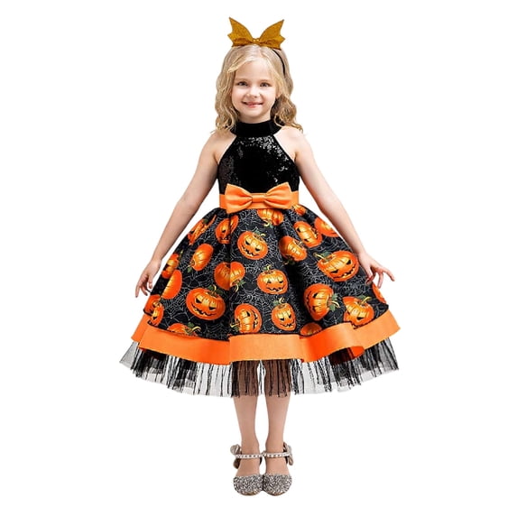 Girls Halloween Pageant Dress Sleeveless Pumpkin Print Party Gown Kids Formal Wear