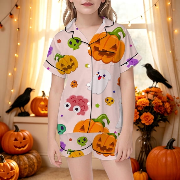 Girls Halloween Pajamas Cute Print Short Sleeve Button Down Top With Shorts Sleepwear Loungewear Outfit 4-5 Years,Pink AA