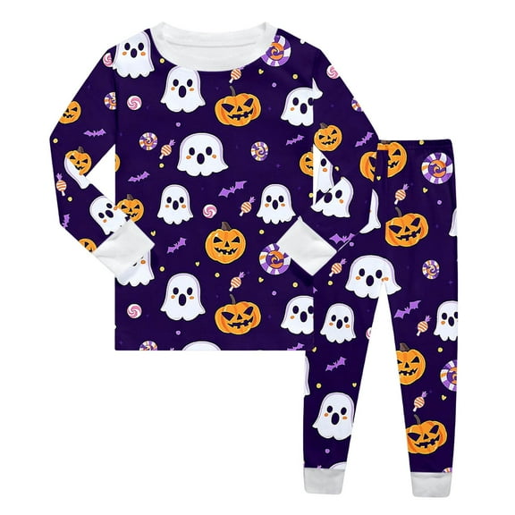 Girls Halloween Pajamas Set Pumpkin Ghost Bat Print Girl Pajamas Set Long Sleeve Crewneck Pullover Top Shirts and Pants Set Kids Girls Outfits Size 4 Years