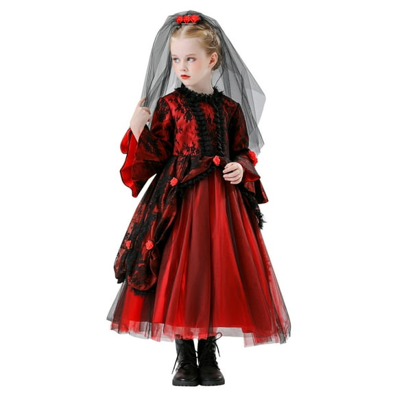 Girls Halloween Party Dresses Set Bell Sleeve Lace Tulle Dress Retro Vampire Dress Up Clothes Medieval Fancy Ball Gown 12 Years, Wine