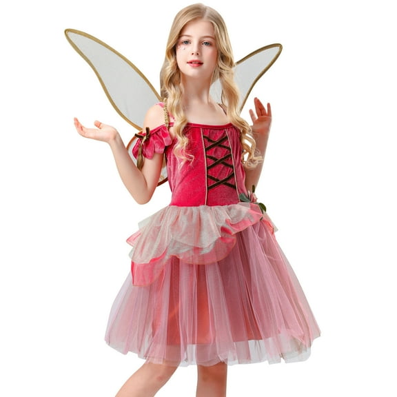 Girls Halloween Party Dresses Set Fairy Fancy Velvet Tulle Dress with Butterfly Wings Ball Gown Princess Clothes 8 Years, Pink