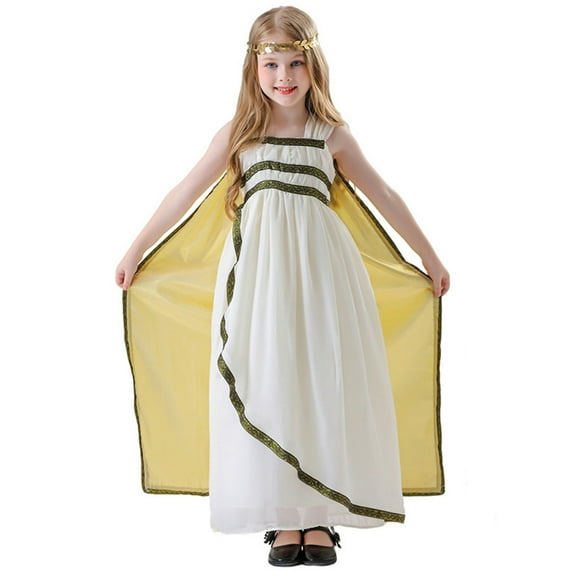 Girls Halloween Party Dresses Set Velvet Greek Toga Dress with Cape Roman Goddess Ball Gown Grecian Dress Up Outfit Set 8 Years, Beige