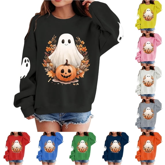 Girls Halloween Print Crewneck Sweatshirt Long Sleeve Fleece Pullover For Kids