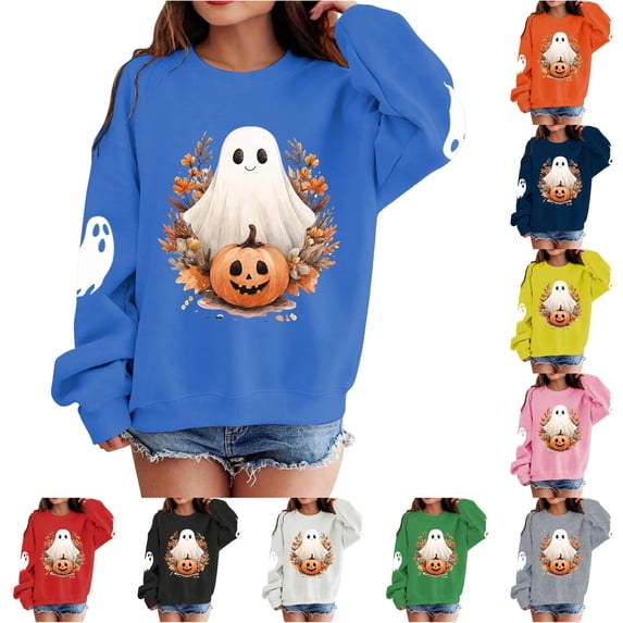 Girls Halloween Print Crewneck Sweatshirt Long Sleeve Fleece Pullover For Kids