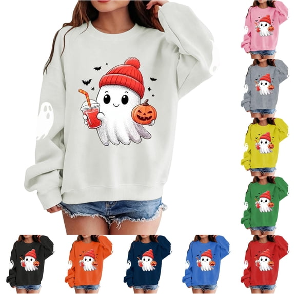 Girls Halloween Print Crewneck Sweatshirt Long Sleeve Pullover For Kids