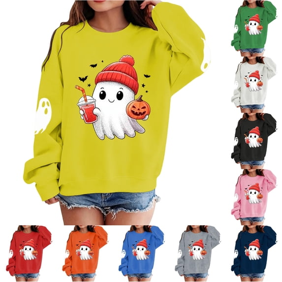 Girls Halloween Print Crewneck Sweatshirt Long Sleeve Pullover For Kids