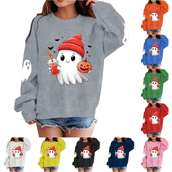 Girls Halloween Print Crewneck Sweatshirt Long Sleeve Pullover For Kids