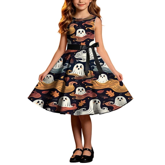 Girls Halloween Print Sleeveless A-Line Ruffle Hem Sundress Performance Clothing Dress