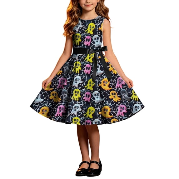 Girls Halloween Print Sleeveless A-Line Ruffle Hem Sundress Performance Clothing Dress