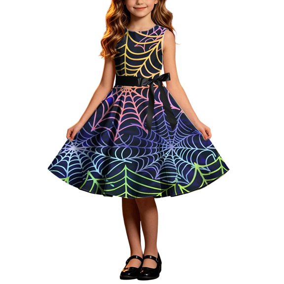 Girls Halloween Print Sleeveless A-Line Ruffle Hem Sundress Performance Clothing Dress