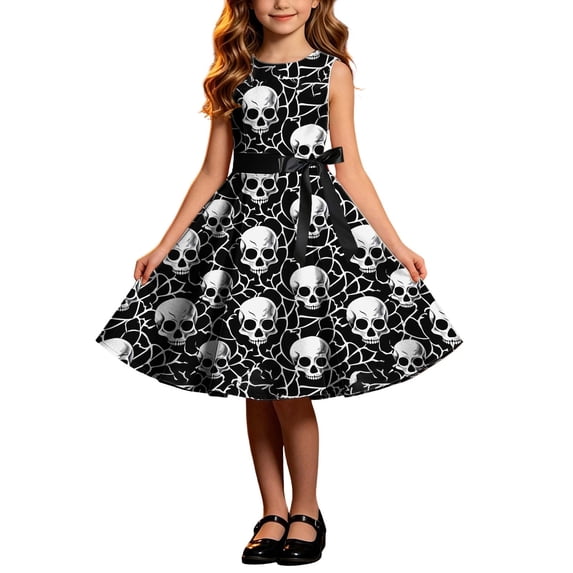 Girls Halloween Print Sleeveless A-Line Ruffle Hem Sundress Performance Clothing Dress