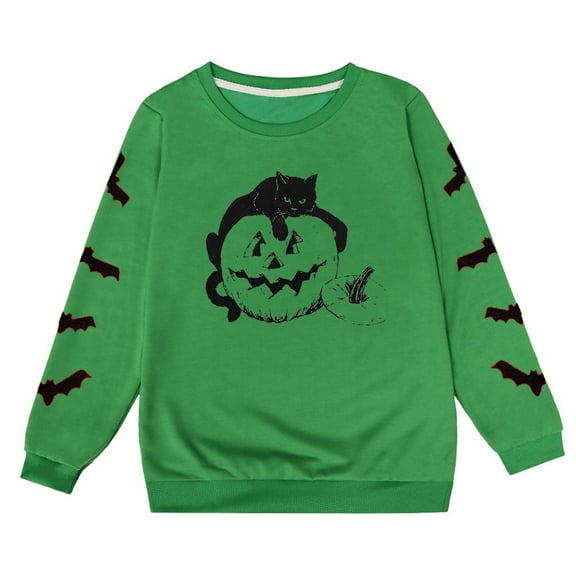 Girls Halloween Cat Pumpkin Printed Pullover Hoodie Soft Loose Fit Crewneck Sweatshirt Cozy Fall Winter Outwear
