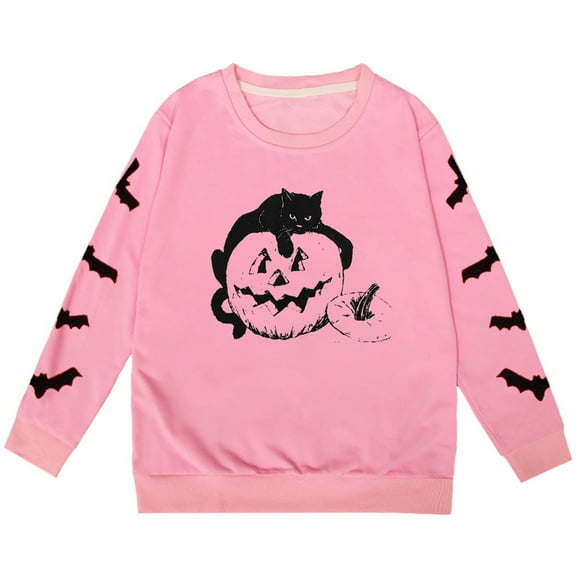 Girls Halloween Cat Pumpkin Printed Pullover Hoodie Soft Loose Fit Crewneck Sweatshirt Cozy Fall Winter Outwear