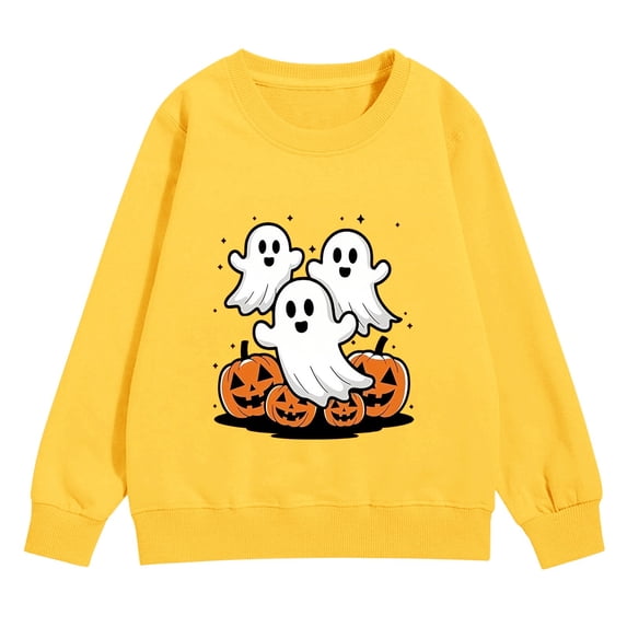 Girls Halloween Pumpkin Ghost Sweatshirts Oversized Cute Cotton Sweater.Teen Kids Long Sleeve Crew Neck Pullover Tops Trendy Casual Comfortable Ribbed Cuffs Hoodies