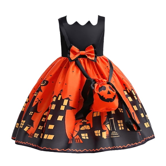 Kids Girls Halloween Pumpkin Pageant Dress Party Gown with Bowknot and Accessory Bag Set